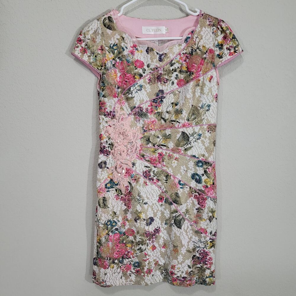 CL. YULIN Floral Mini Dress Size XXS / XS 0 / 2 Sequin Lace Gold Pink Metallic